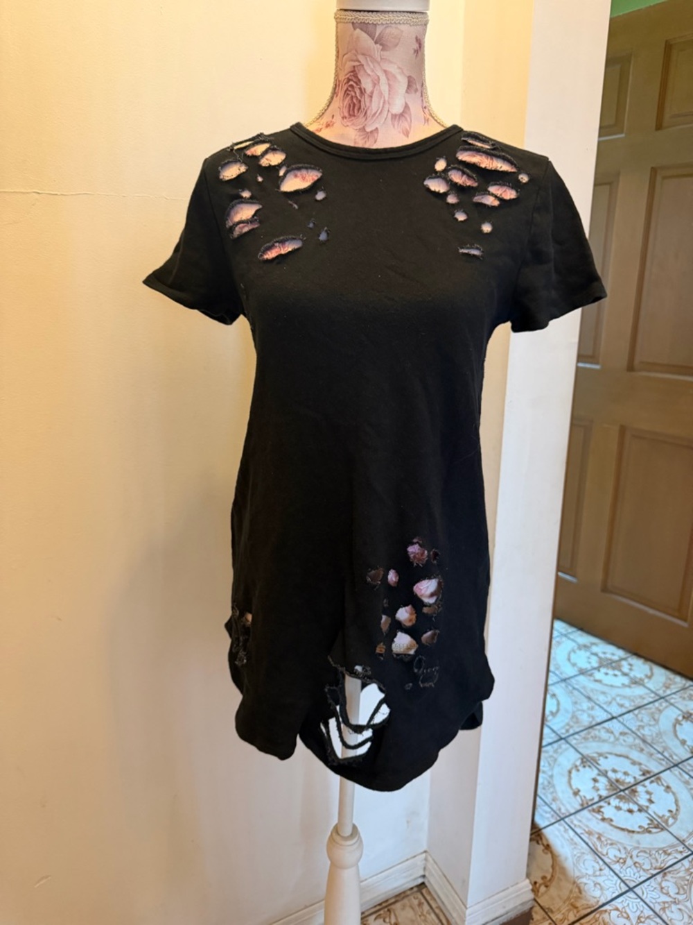 Black Distressed Short Sleeve Women's
